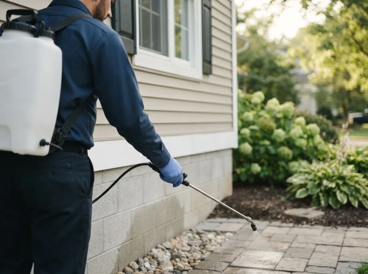 Pest control technician inspecting a home in Wolverine, MI